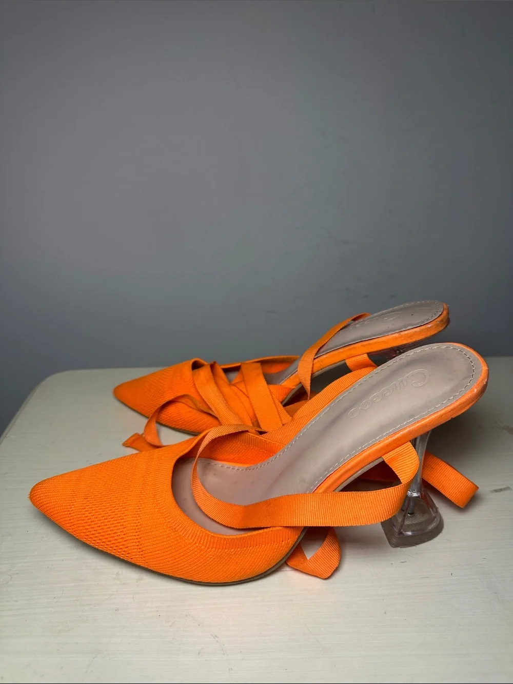 Cuccoo Orange Pointed Toe Lace-Up see through heels